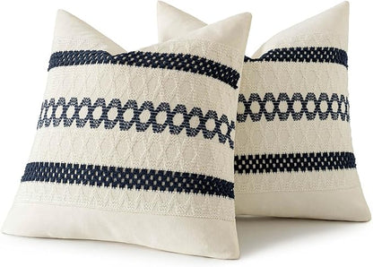 MIULEE Set of 2 Navy Blue Boho Decorative Pillow Covers 18x18 Inch Farmhouse Rustic Couch Throw Pillows Modern Spring Cotton Cushion Covers Retro Cute Macrame Woven Home Decor for Bed Sofa Chair