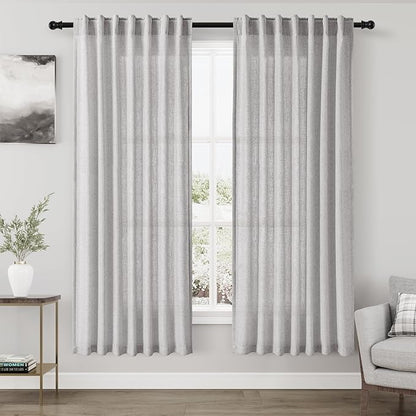 Nanspring Grey Linen Semi Sheer Curtains 72 Inches Long 2 Panels Set for Bedroom Back Tab Rod Pocket Light Filtering Drapes Cotton Textured Grey Farmhouse Living Room Curtain 52X72 Inches