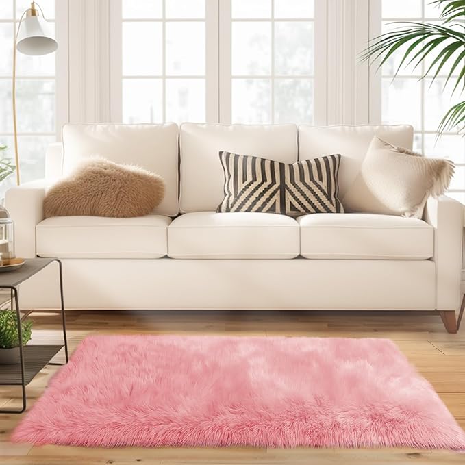 Ciicool Pink Fur Fluffy Rug, 2x4 ft Small Faux Fur Rugs for Bedroom, Washable Faux Sheepskin Carpet for Sofa Couch Seat Cushion, Thick Shaggy Furry Rugs Floor Carpets for Bedside Living Room