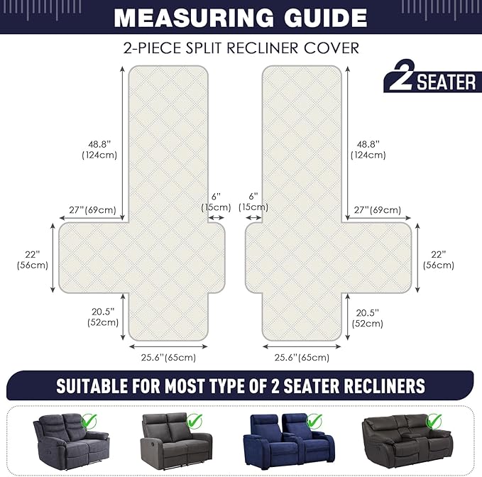 TAOCOCO 100% Waterproof Loveseat Recliner Cover, Non Slip Split Loveseat Covers for Reclining Loveseat with Elastic Straps, Washable Recliner Chair/Furniture Protector for Pets(2 Seater, Navy Blue)