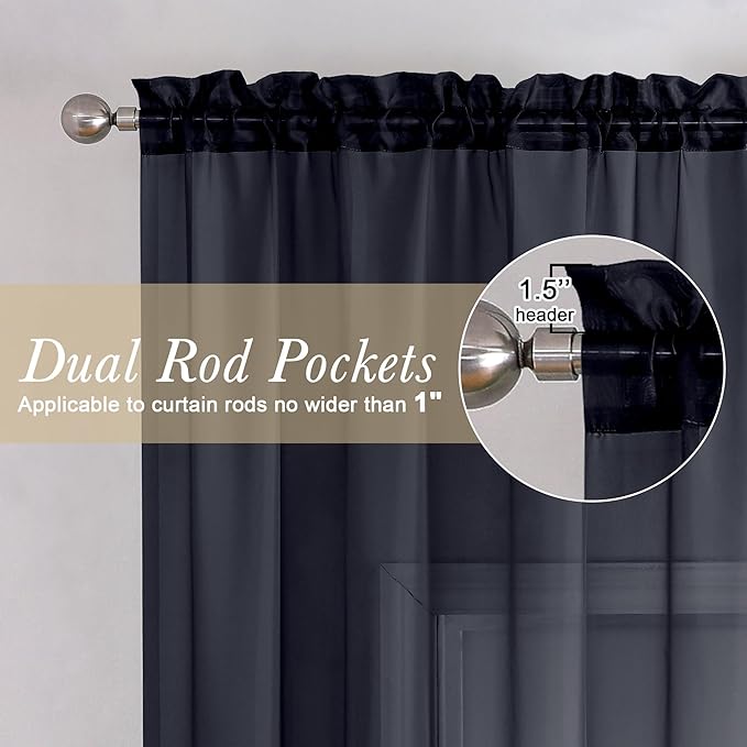 Lecloud Black Sheer Curtains 108 Inches Long 2 Panels Set, Extra Wide Airy Voile Sheer Curtains for Living Room, Light Filtering Window Curtain Drapes with Dual Rod Pocket, 59" W x 108" L