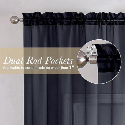 Lecloud Black Sheer Curtains 63 Inch Length 2 Panels, Voile Light Filtering Living Room Curtains for Bedroom, Rod Pockets Solid Soft Drapes for Bathroom Home Office, Each Panel 59" W x 63" L