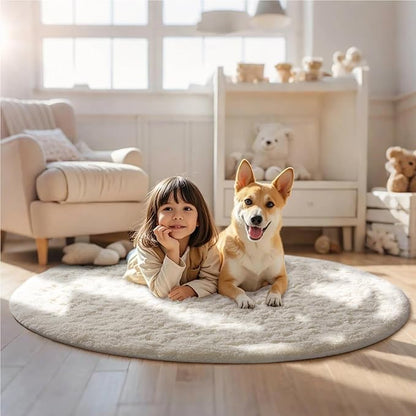 Ophanie Round Rugs 5Ft Ivory Circle Area Rug, Nursery Room Decor, Christmas Aesthetic Bedroom Home Circular Carpet 5 Foot, Fluffy Fuzzy Shag Plush Cream Living Room Rugs for Kids Boys Girls Teen Baby