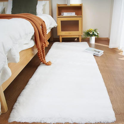 Ghouse Ultra Soft Faux Rabbit Fur Rug, Machine Washable Area Rugs for Bedroom Fluffy Rugs for Living Room, No-Shedding Carpet Sheepskin Runner Rugs White 2 x 8 Feet