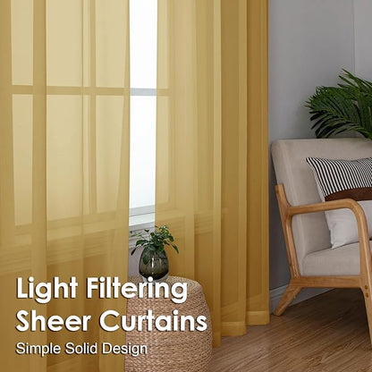 OVZME Gold Sheer Curtains 54 Inches Long 2 Panels - Soft Light Filtering Window Sheer Panels for Living Room/Bedroom, Top Dual Rod Pocket, 1 Pair, Each 42Wx54L Inches