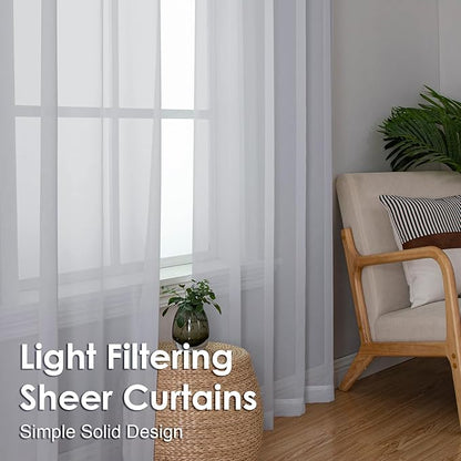 OVZME Light Grey Sheer Curtains 90 Inches Long 2 Panels - Soft Light Filtering Window Sheer Panels for Living Room/Bedroom, Top Dual Rod Pocket, 1 Pair, Each 42Wx90L Inches