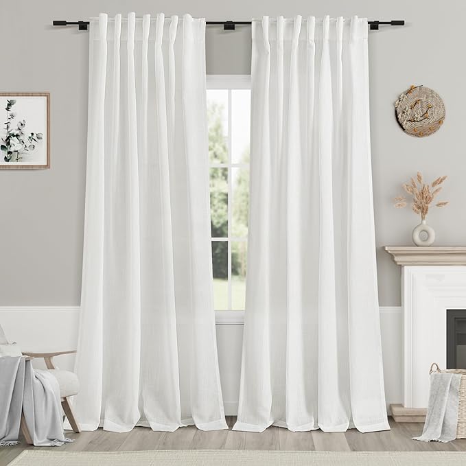 Nanspring White Linen Curtains 98 Inches Long 2 Panels Set Back Tab Rod Pocket Semi Sheer Light Filtering Long Curtains Faux Linen Textured Elegant Draps for Living Room Bedroom Dining Room 52x98