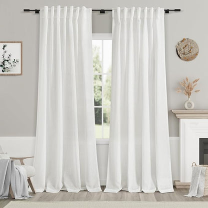 Nanspring White Linen Curtains Back Tab Rod Pocket Sheer Drapes 97 Inches Long for Living Room 2 Panels Set Neutral Semi Sheer Light Filtering Curtains for Farmhouse Dining Room 52x97