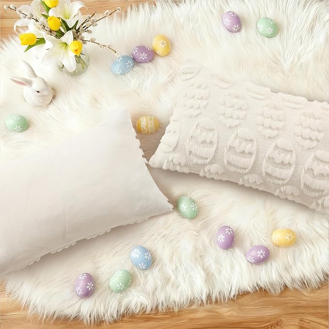 decorUhome Easter Cream White Egg Pillow Covers 12x20 Inch Set of 2, Soft Plush Faux Wool Jacquard Cushion Covers, Farmhouse Neutral Fuzzy Spring Easter Holiday Decor for Couch Sofa Bed