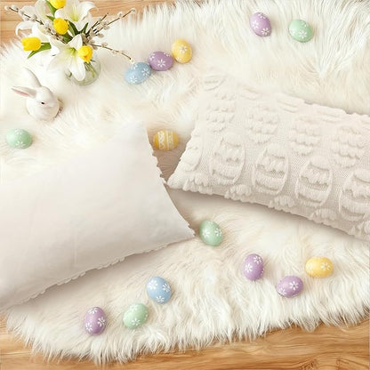 decorUhome Easter Cream White Egg Pillow Covers 12x20 Inch Set of 2, Soft Plush Faux Wool Jacquard Cushion Covers, Farmhouse Neutral Fuzzy Spring Easter Holiday Decor for Couch Sofa Bed