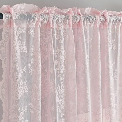 YJ YANJUN Vintage Lace Curtains Short Pink Floral Curtains 54 inch Length 2 Panels for Kitchen Living Room Bedroom Bathroom Window Voile Sheer Panels Baby Girl Nursery Decor 52" W x 54" L, Pink