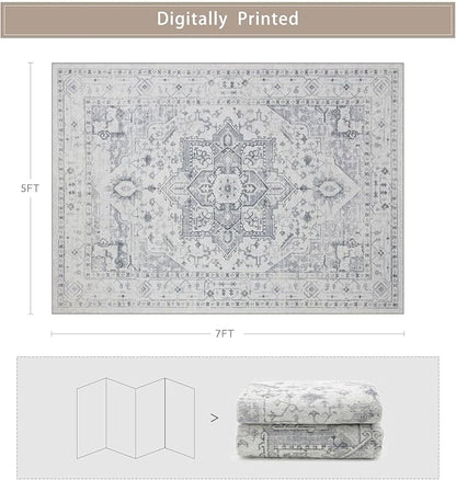 Srugn Area Rugs 5x7 Washable Area Rugs for Living Room- Ultra Soft Non-Shedding Faux Wool Bedroom Rug Grey Vintage Print Rugs Non Slip Dining Room Rugs Large Floor Carpet for Farmhouse Home Office