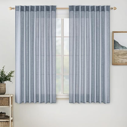 MIULEE Chambray Blue Linen Curtains 54 Inch Length 2 Panels for Bedroom Living Room, Soft Linen Textured Window Drapes Semi Sheer Light Filtering Back Tab Rod Pocket Farmhouse Modern Burlap Look Decor