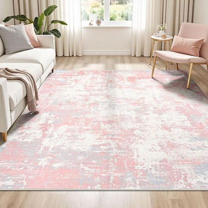 Rugflix 5x7 Area Rugs for Living Room, Washable Large Rug Stain-Resistant Low Pile, Modern Carpet for Dining Room Home Office Kid Room Nursery Bedroom, Pink Grey