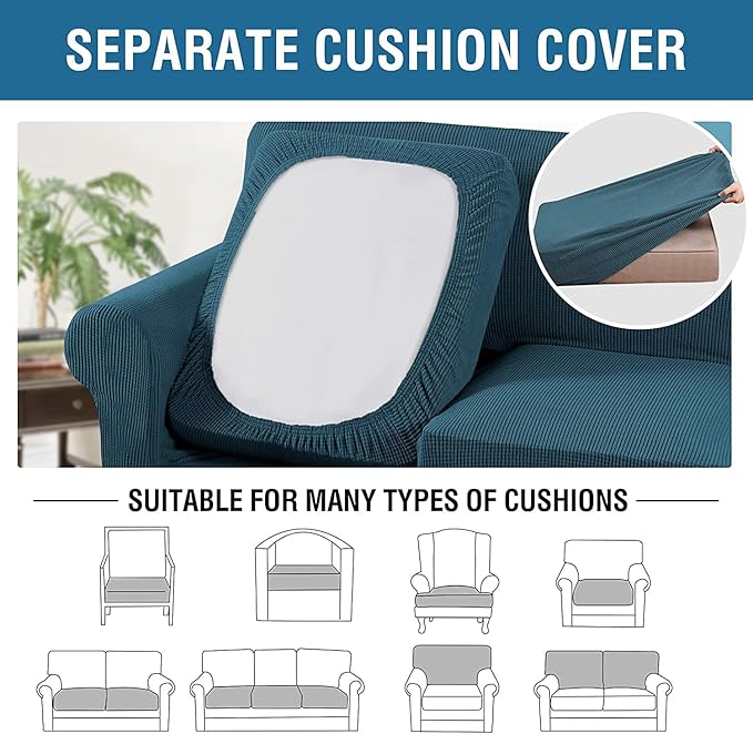 H.VERSAILTEX 4 Piece Stretch Sofa Covers for 3 Cushion Couch Covers for Living Room Furniture Slipcovers (Base Cover Plus 3 Seat Cushion Covers) Upgraded Thicker Jacquard Fabric (Sofa, Deep Teal)