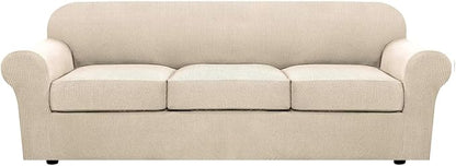 4 Piece Stretch Sofa Covers for 3 Cushion Couch Covers Furniture Slipcovers for Living Room (1 Base Cover Plus 3 Seat Cushion Covers) Thicker Jacquard Fabric Cover (XL Sofa, Natural)