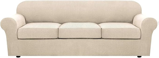 4 Piece Stretch Sofa Covers for 3 Cushion Couch Covers Furniture Slipcovers for Living Room (1 Base Cover Plus 3 Seat Cushion Covers) Thicker Jacquard Fabric Cover (XL Sofa, Natural)