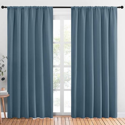 NICETOWN Living Room Curtains, Blackout Draperies, Smoky Blue, 1 Pair, 70 x 84-inch, Home Decorations Thermal Insulated Solid Rod Pocket Blackout Drapes for Cafe