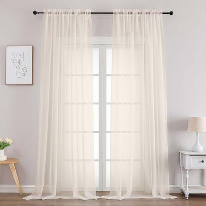 Chyhomenyc Cream Sheer Curtains 96 Inches Long 2 Panels, Light Filtering Cream Curtains for Living Room, Soft Gentle Voile Rod Pocket Bedroom Window Drapes, 59Wx96L Inch, 2PCS