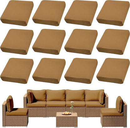 12Pcs Outdoor Cushion Covers, Patio Cushion Covers,Stretch Elastic Slipcovers, Replacement Washable & Reusable Furniture Protector for Patio Couch (Camel Color,Cover Only)