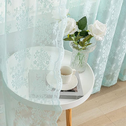 YJ YANJUN Vintage Lace Curtains 96 Inches Long-Victorian Floral Pattern Aqua Sheer Curtain Panels for Living Room Bedroom,Light Filtering, Shabby Chic Memaid Beach Drapes 2 Panels 52W x 96L