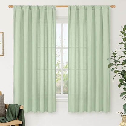 LAMIT Light Green Linen Window Curtains 63 Inch Length, Light Filtering Neutral Privacy Curtain Panels Farmhouse Rod Pocket Living Room Drapes for Bedroom, 2 Panels, 52 x 63 Inch