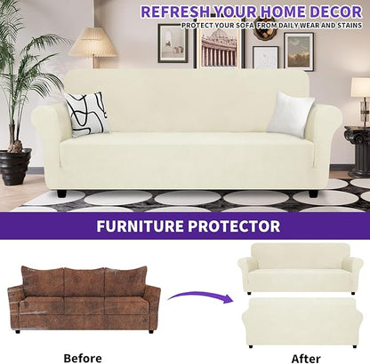 ZNSAYOTX Oversized Super Stretch Couch Cover (92"-115"), New Striped Sofa Covers Comfortable & Durable, Dog Cat Pets Friendly Extra Large Spandex Sofa Slipcovers (Beige, XL Sofa)
