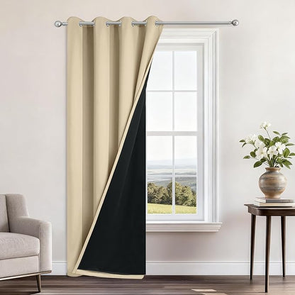 Yakamok 100% Blackout Curtains 96 Inches Long, 2 Thick Layers Heat and Full Light Blocking Soft Thermal Insulated Drapes for Bedroom(52" Wide Each Panel, Beige, 1 Panel)