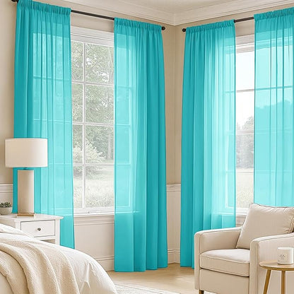 MIULEE Turquoise Sheer Curtains 90 Inches Long, 4 Panels Set, Light Filtering Rod Pocket Voile Drapes for Living Room and Bedroom, Airy Soft Fabric Window Treatments, 42 x 90 Inches