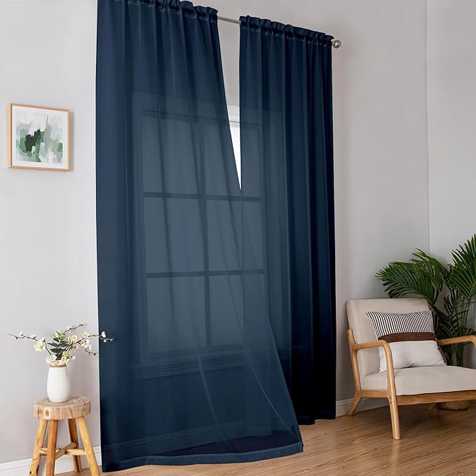 Simplebrand Blue Sheer Curtains 96 Inches Long, Light Filtering Rod Pocket Solid Color Window Sheer Curtain Panels, Elegant Curtains & Drapes for Bedroom 2 Panels (Navy Blue, 42" W x 96" L)
