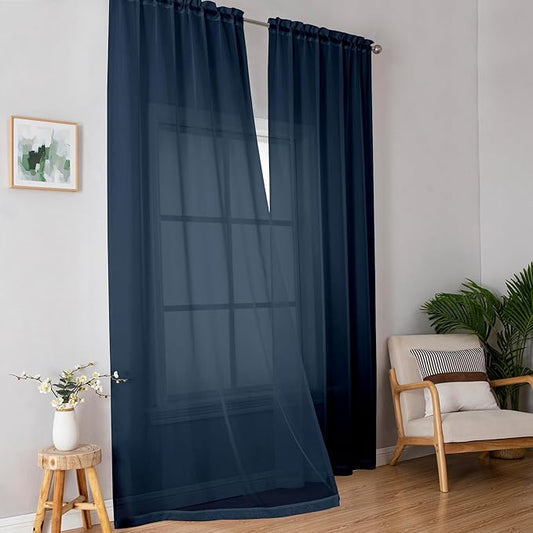 Simplebrand Blue Sheer Curtains 96 Inches Long, Light Filtering Rod Pocket Solid Color Window Sheer Curtain Panels, Elegant Curtains & Drapes for Bedroom 2 Panels (Navy Blue, 42" W x 96" L)