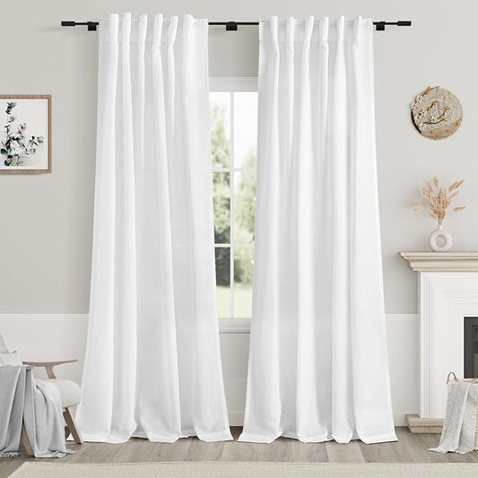 White Linen Curtains 84 Inch Length 2 Panels Back Tab Rod Pocket Semi Sheer Bedroom Curtains Light Filtering Country Closet Curtain Drapes Netural Farmhouse Window Panels for Living Dining Room 42x84