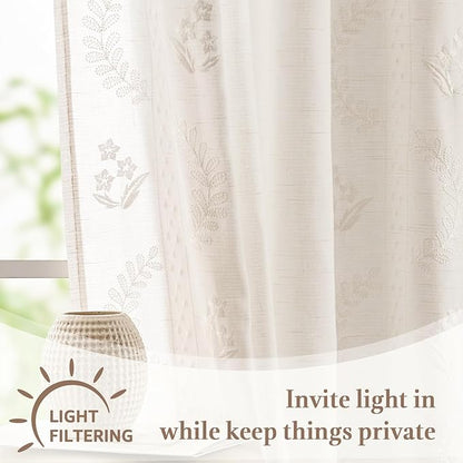 jinchan Belrose Linen Floral Cafe Curtains 54 Inch Length Embroidered Farmhouse Curtains for Kitchen Bedroom Bathroom Small Windows Curtain Set Light Filtering 2 Panels White