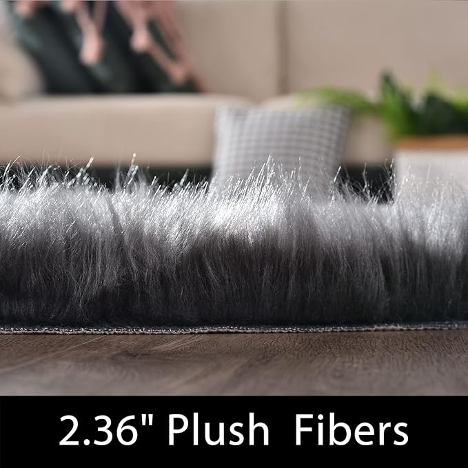 Latepis Living Room Rugs 6x9 Faux Sheepskin Fur Dark Grey Rug for Bedroom Fuzzy Fluffy Rug for Sofa Floor Entertainment Room Luxury Home Decor