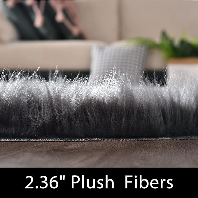 Latepis Dark Grey Round Rugs 4ft Circle Faux Fur Rug Washable Fluffy Furry Boho Rug Sheep Skin Rugs for Bedroom Room Decor