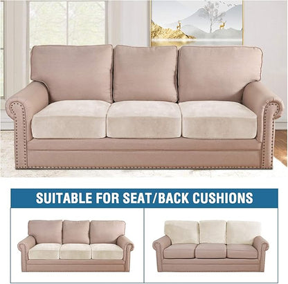 H.VERSAILTEX Velvet Stretch Couch Cushion Cover Plush Cushion Slipcover for Chair Loveseat Sofa Cushion Furniture Protector Seat Cushion Sofa Cover (3 Piece Sofa Cushion Covers, Ivory)