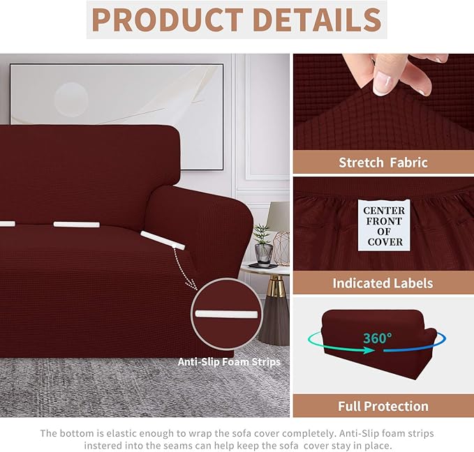 Easy-Going 100% Waterproof Couch Cover, Dual Waterproof Sofa Cover, Stretch Jacquard Sofa Slipcover, Leakproof Furniture Protector for Kids, Pets, Dog and Cat (Sofa, Wine)