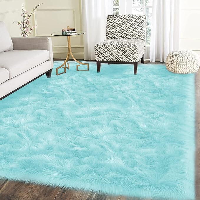 Latepis Big Rugs for Bedroom Teal 6.7x10 Area Rug Light Blue Faux Sheepskin Fur Rug Washable Soft Fluffy Rugs for Living Room Sofa Floor Luxury Home Decor
