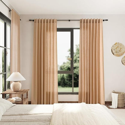 Nanspring Camel Linen Curtains for Living Room 92 Inches Long Back Tab and Rod Pocket Light Filtering Semi Sheer Vintage Rustic Curtain Luxury Boho Decor Drapes for Bedroom Office 52x92, 2 Panels