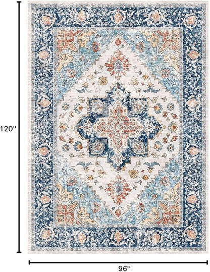 SERISSA Boho 8x10 Area Rugs, Washable Vintage Large Living Room Rug Non-Slip, Ultra Soft Oriental Print Distressed Tribal Farmhouse Blue Orange Carpet for Dining Room Bedroom Dorm Office Home Decor