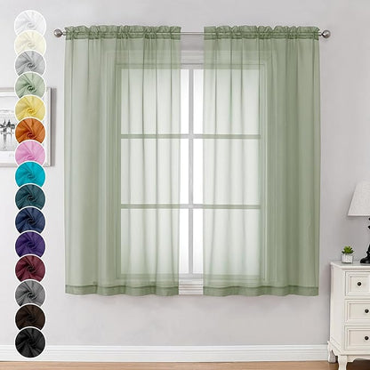 Chyhomenyc Sage Green Sheer Curtains 54 Inch Long 2 Panels Set, Short Rod Pocket Voile Drapes for Dinning Small Windows Bathroom Living Room Bedroom, Each 42Wx54L in, 2PCS, Sage Green