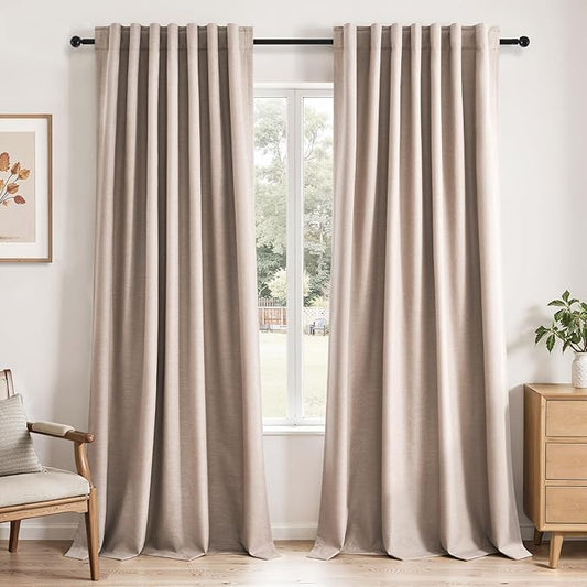 Natural Beige 95 inch bedroom living room curtains 2 Panels 100% Blackout Linen texture Curtain Drapes with Back Tab Rod Pocket Room darkening Thermal Insulated Curtains for Dining Sliding door 52x95