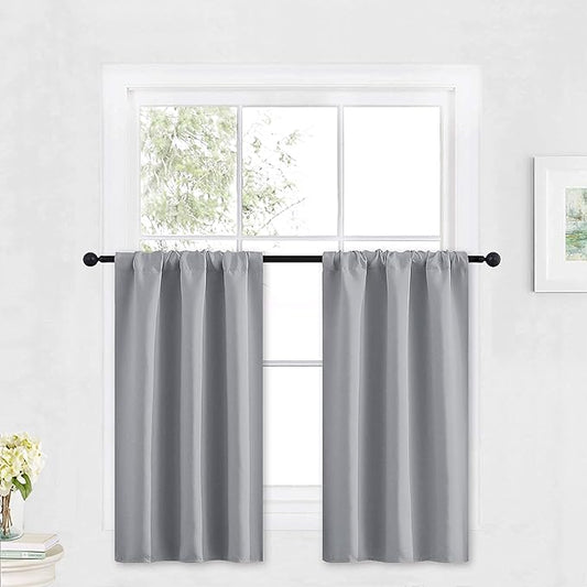 RYB HOME Kitchen Blackout Curtains Over Sink 36 inch Length, Rod Pocket Summer Light UV Blocking Energy Efficient, Cabinet Shelf Cupboard Coverings, Width 29 by Length 36, Silver Grey, 2 Panels