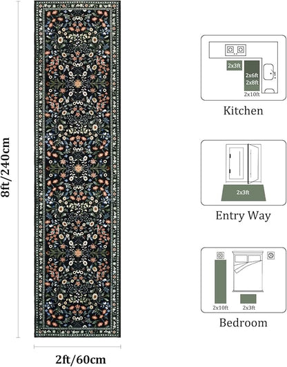 Yamaziot Washable Runner Rug 2x8 – Boho Non Slip Floral Hallway Runner Rug with Rubber Backing, Low Pile Distressed Carpet for Kitchen, Laundry, Bedroom, Entrance, Colorful Black