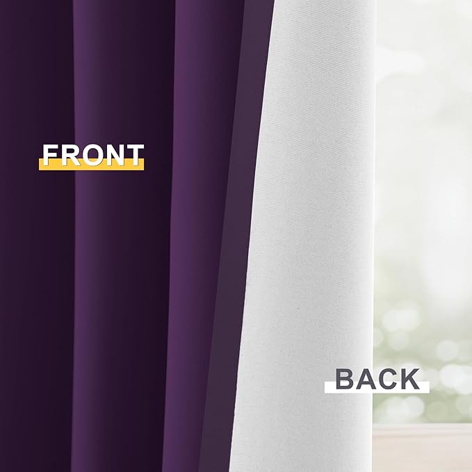 Yakamok 100% Blackout Curtain Panels 84 inches Cold and Light Blocking Drapes for Nursery, 2 Thick Layers Thermal Insulated Draperies (2 Pieces, 50 Wide Each Panel, Purple/White Backing)