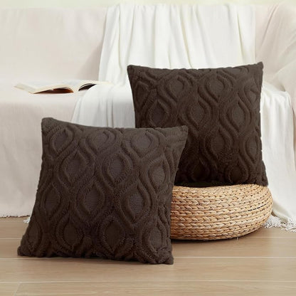 decorUhome Throw Pillow Covers 20x20 Inch Set of 2, Soft Plush Faux Wool Dark Brown Solid Couch Pillow Covers, Accent Farmhouse Neutral Square Pillow Cases for Sofa Bed Living Room