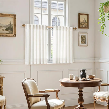 Beige White Linen Curtains for Kitchen Windows Over Sink Neutral 30 Inch Length Back Tab and Rod Pocket Light Filtering Semi Sheer Cafe Curtain for Bathroom RV Small Window 36 x 30 Inch,2 Panels