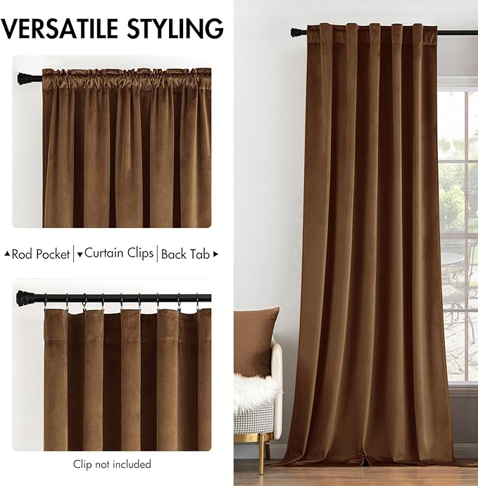 MIULEE Velvet Curtains 96 inches - Luxury Curtains for Bedroom Living Room Room Darkening Thermal Insulated Super Soft Window Drapes Rod Pocket & Back Tab, Brown, W52 x L96 inches, 2 Panels
