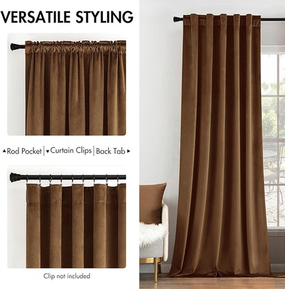 MIULEE Velvet Curtains 108 inches - Luxury Blackout Curtains for Bedroom Living Room Thermal Insulated Super Soft Window Drapes Rod Pocket & Back Tab, Brown, W52 x L108 inches, 2 Panels