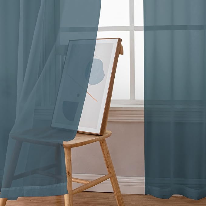 Chyhomenyc Sheer Curtains 63 Inch Length 2 Panels, Light Filtering Rod Pocket Window Sheer Curtain Drapes for Bedroom Living Room, 42Wx63L, 2 Panels, Stone Blue